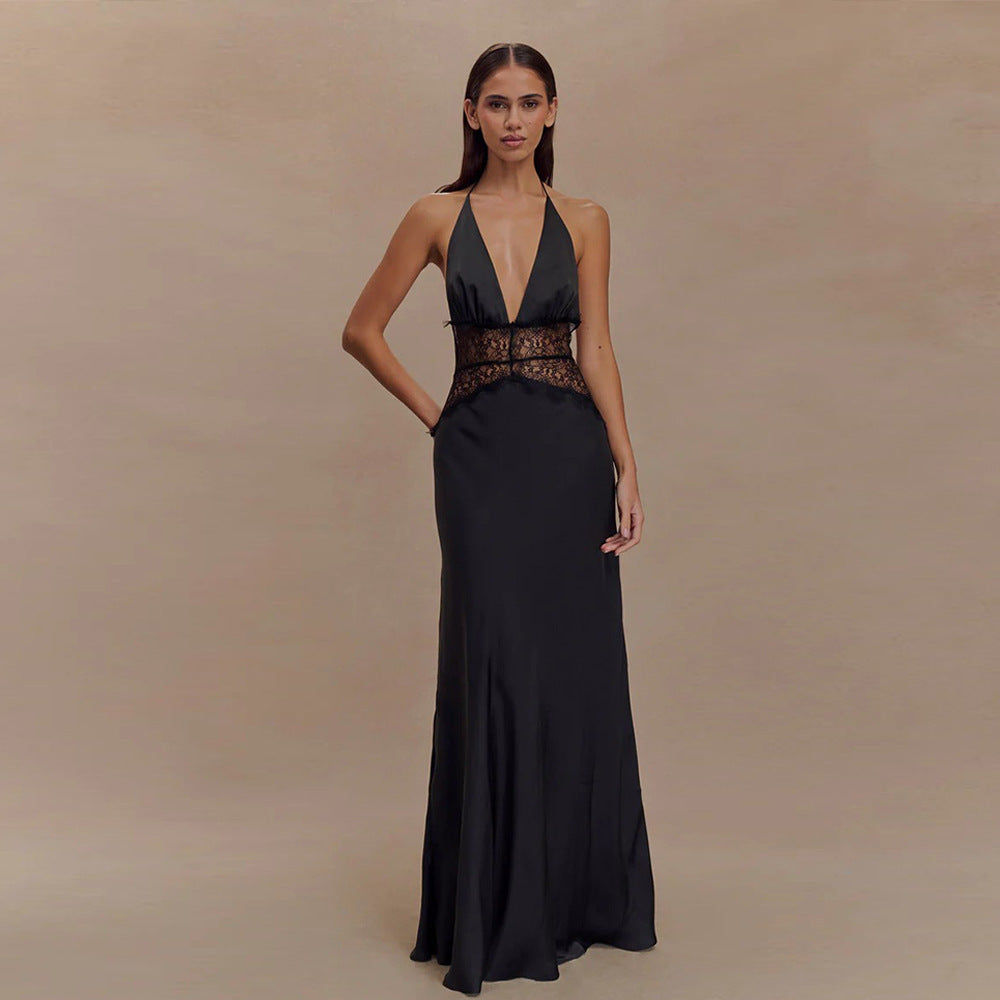 Women Summer V Neck Backless Lace See-Through Sexy Dress 10