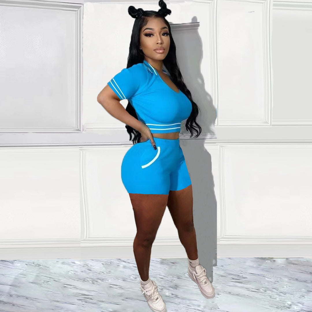 Women Casual Sexy V-Neck Ribbed Sport Two-Piece Set 4