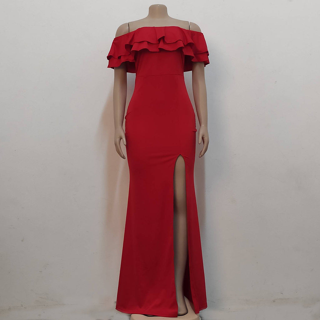 Sexy Fashion Ruffle Off Shoulder Split Dress 30