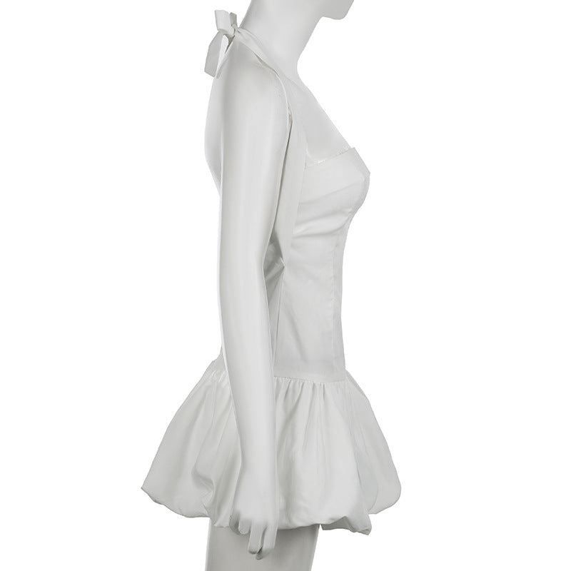 Women's Chic Solid Color Halter Neck Slim Waist Low Back Slim Waist A-Line Dress 7