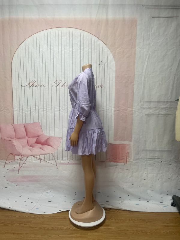 Women Solid Casual V Neck Three-quarter Sleeve Pleated Dress 14