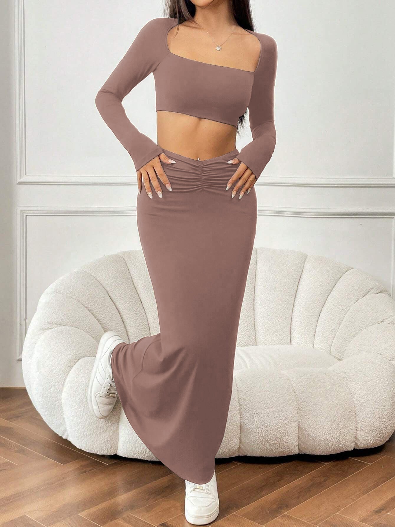 Women Autumn Winter Solid Color Casual Long Sleeve Square Neck Crop Top Fashion Fishtail Long Skirt Two Piece Set 5