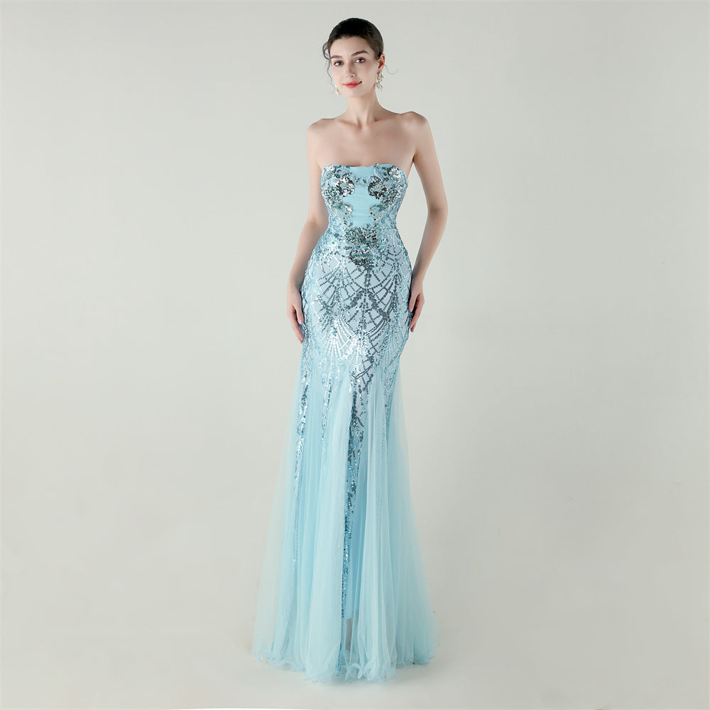 Women Strapless cross Lace-Up sequined tube flower sequined mesh evening dress Formal Party evening dress 10