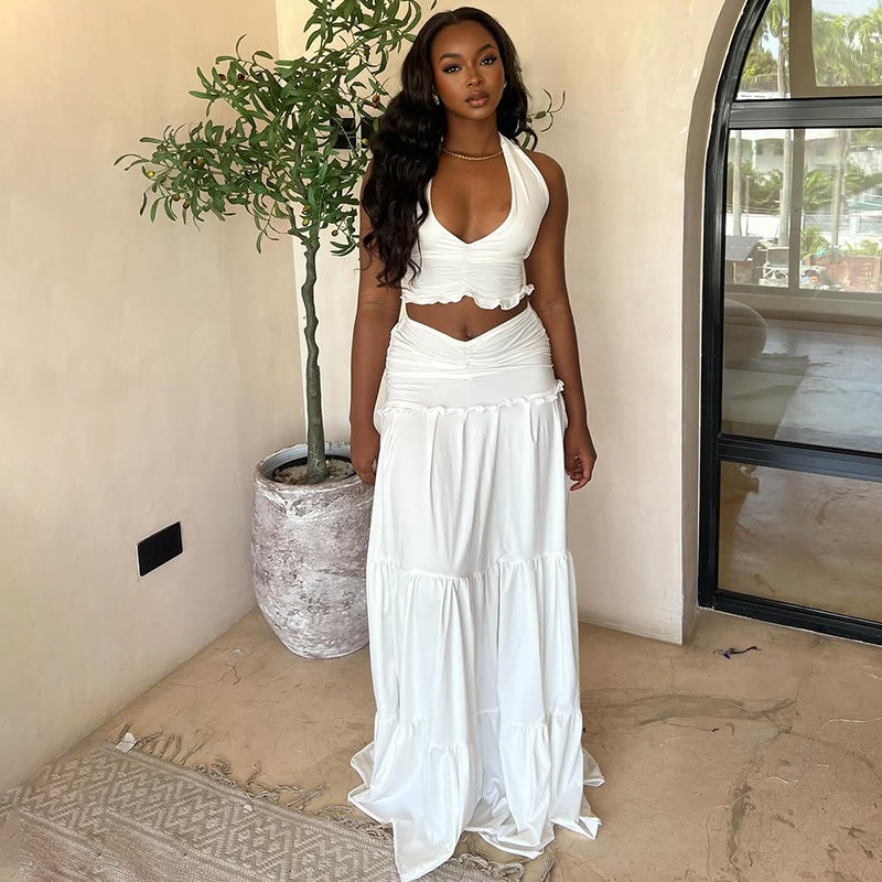 Women summer tie Halter Neck vest pleated Skirt two-piece set 4