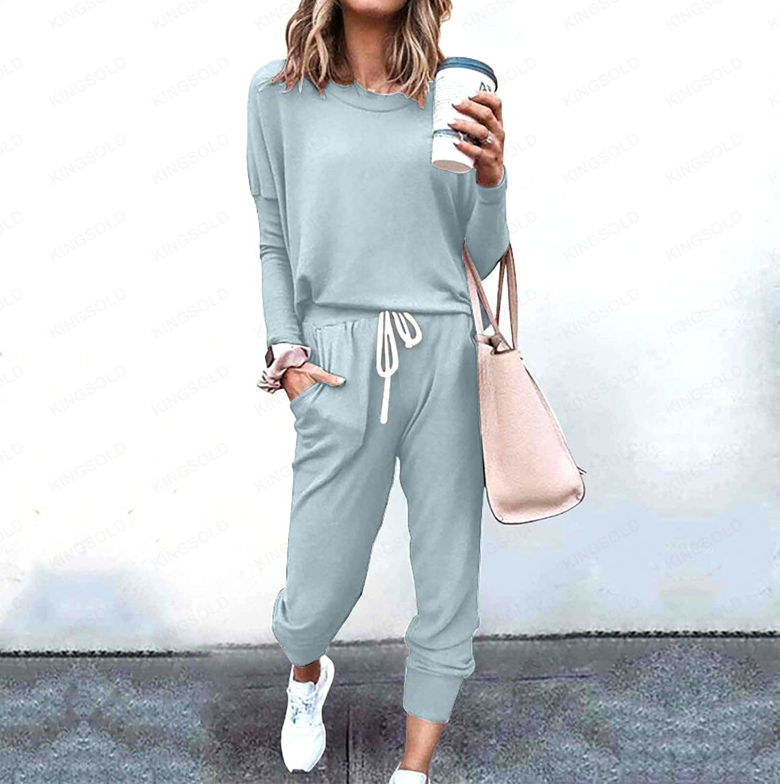 Women Loose Solid Long Sleeve Top and Pant Casual Two-piece Set 10