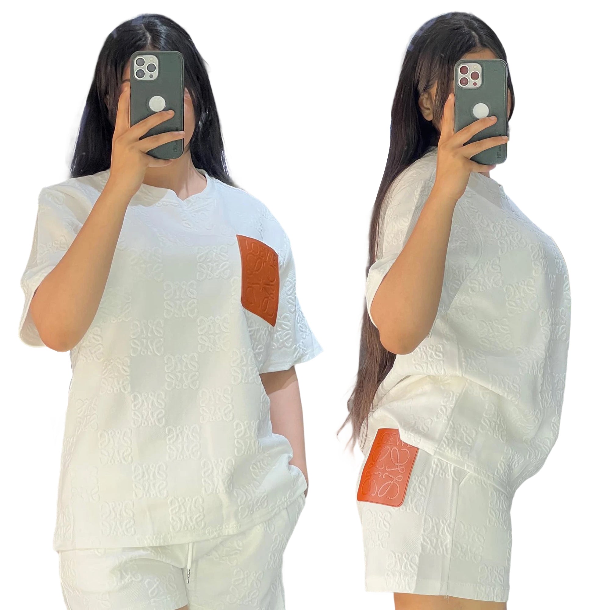 Women's Fashion Casual Leather Pocket Jacquard Short Sleeve Sport Shorts Set 9