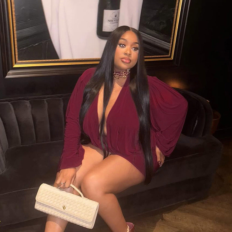 Women Fall Solid Casual V-Neck Long-Sleeved Top and Mini Skirt Two-Piece Set 22