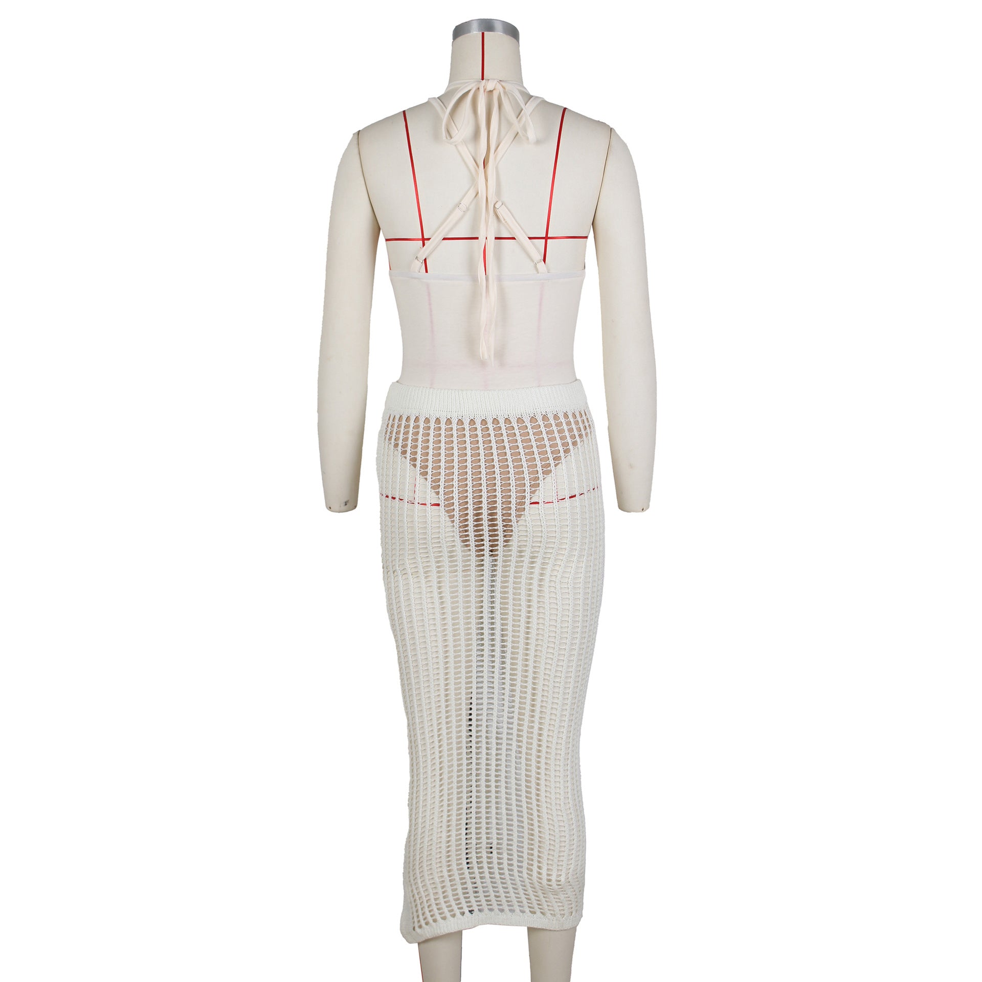 Summer Women's Fashion Sexy Straps Backless One-Piece Bodysuit Top Hollow Knitting Skirt Two Piece Set 22