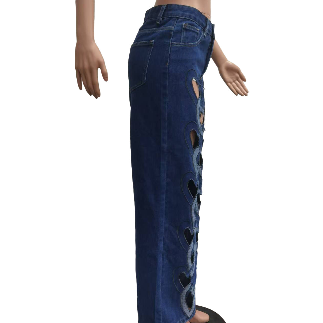 Women Stretchy Hollow Embroidery Heart Print Denim Pants 7