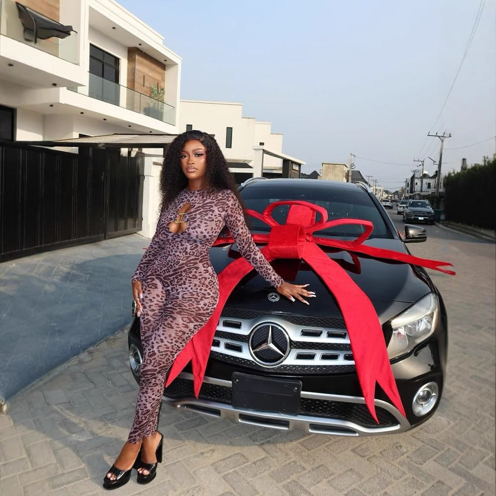 Women's Spring Round Neck Long Sleeve Leopard Print Sexy Hollow Tight-Fitting Jumpsuit