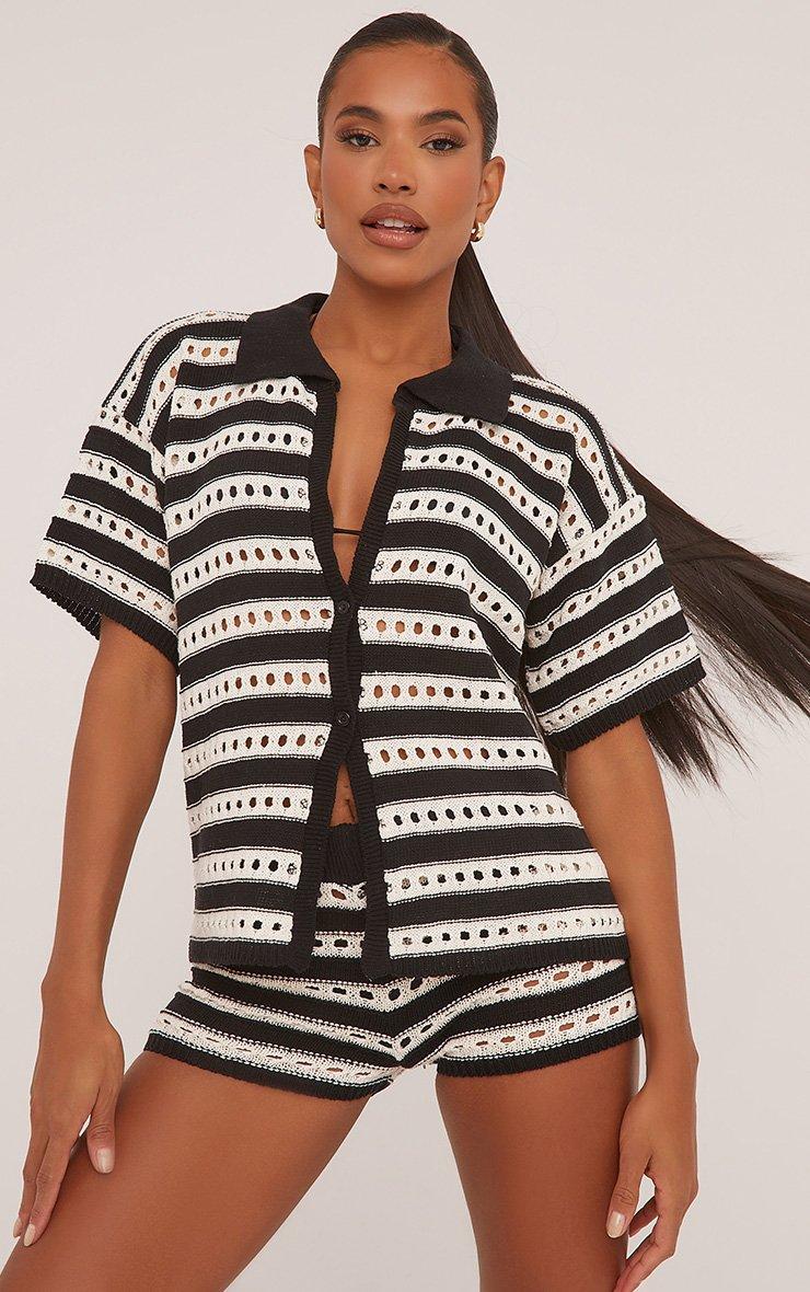 Women Sexy Hollow See-Through Turndown Collar Top and Knitting ShortsTwo Piece Set 4