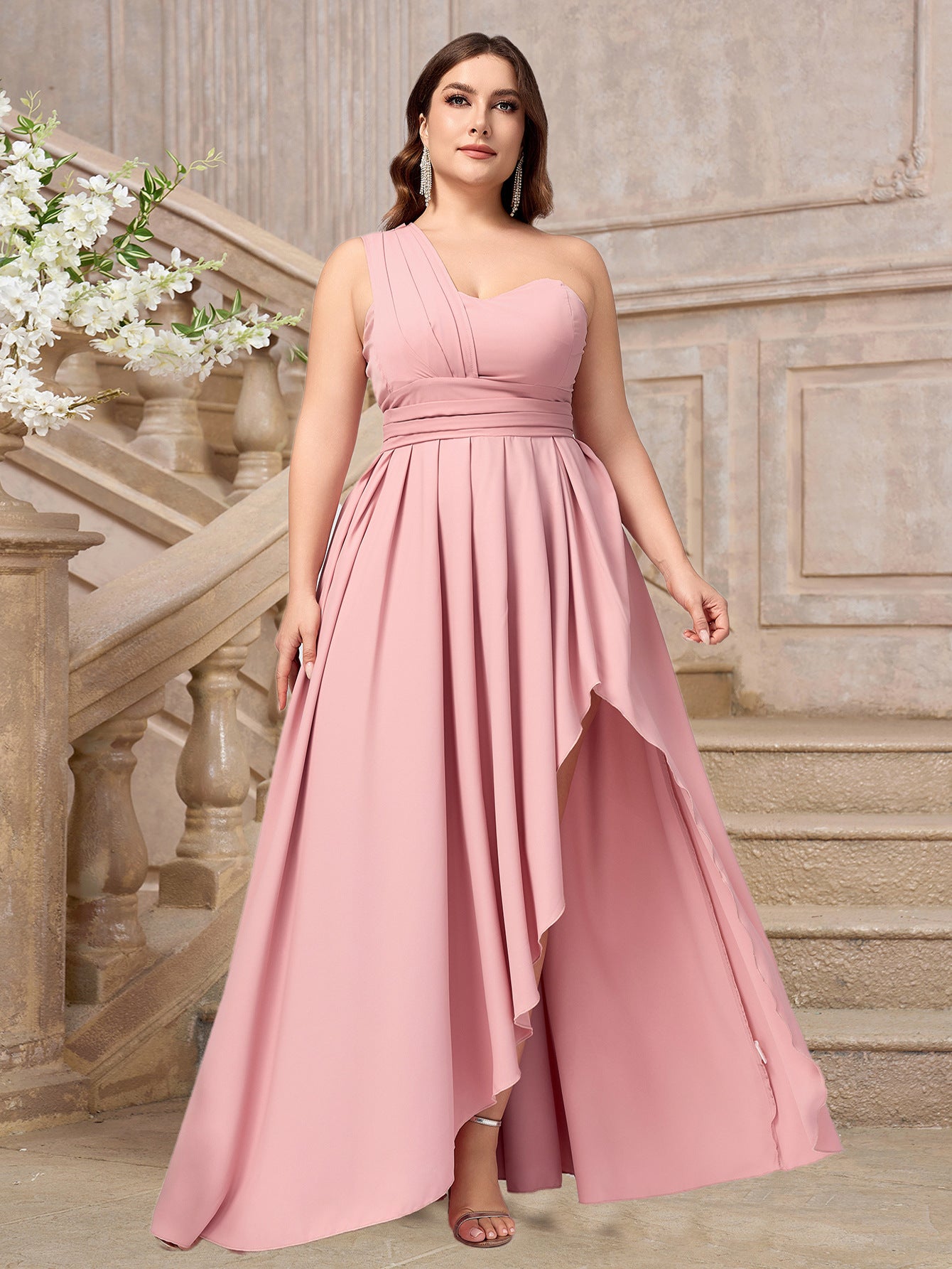 Plus Size Women's Pleated Slash Shoulder Chic Elegant Sexy Formal Party Dress