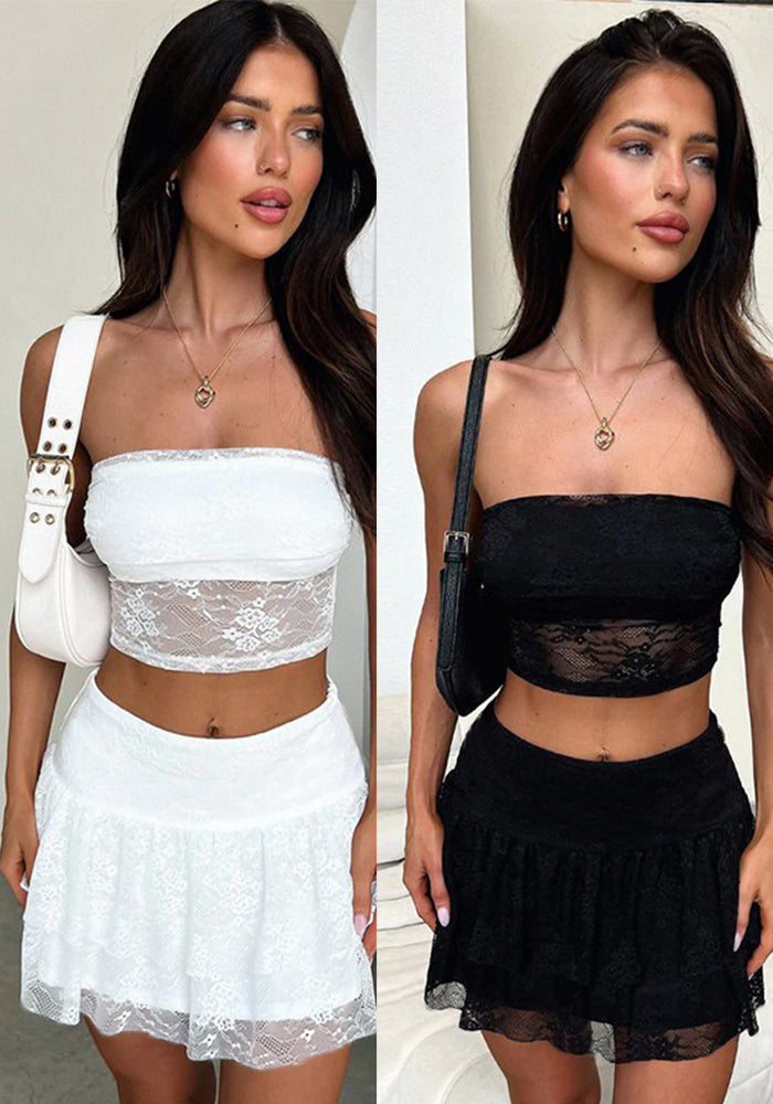 Trendy Lace Crop Strapless Top Skirt Set