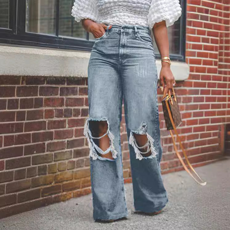 Women's High Waist Washed Ripped Loose Wide Leg Denim Pants