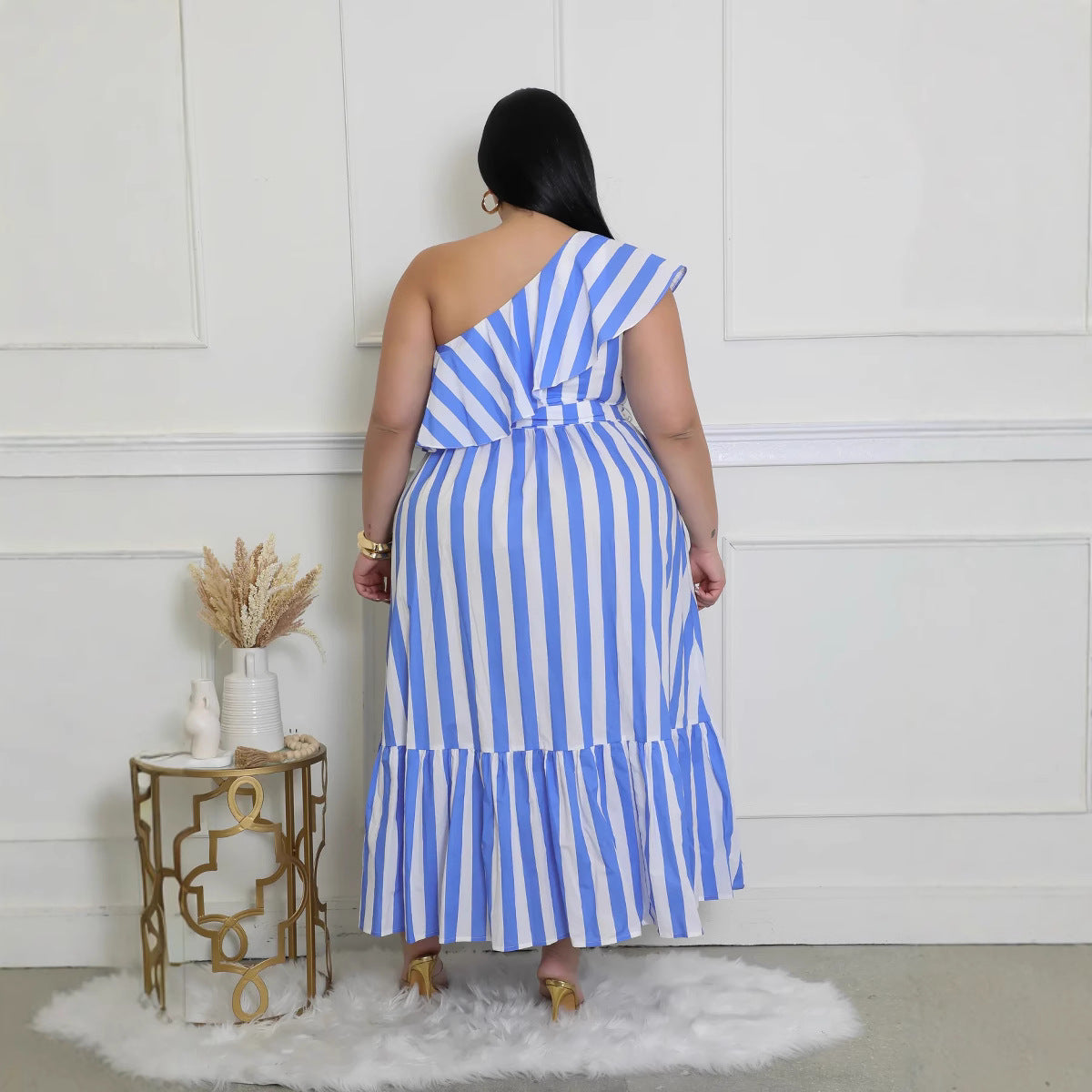 Women Striped Slash Shoulder Dress 8