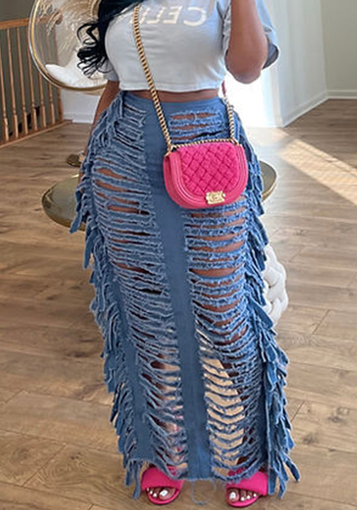 Women's Trendy Style Ripped Slit Fringed Denim Skirt
