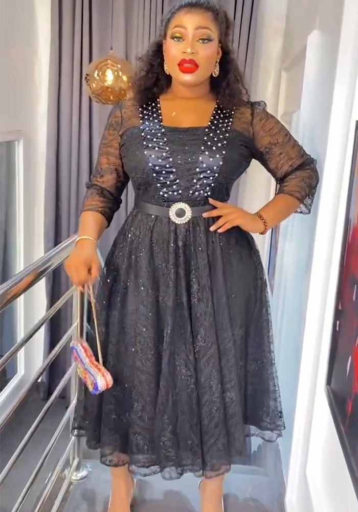 African Clothing Plus Size Women's Lace Patchwork Beaded A-Line High Waist Dress With Belt