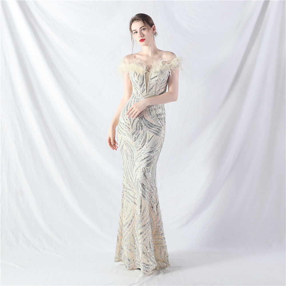 Elegant feather off shoulder sequin Fishtail Plus Size Formal Party Evening Dress 12