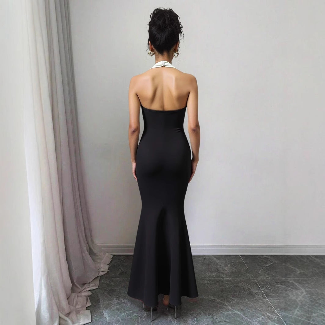 Women summer contrast color Halter Neck sleeveless dress