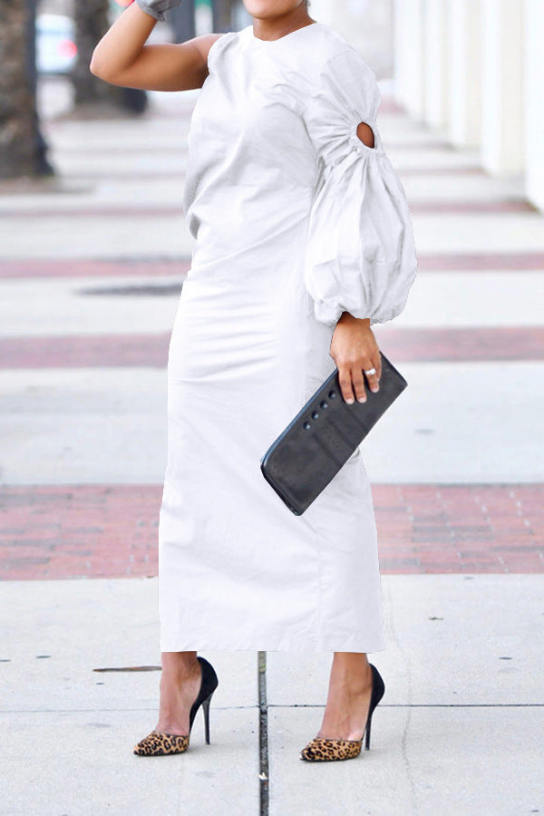 Women Autumn Solid Single Sleeve Hollow Slit Dress 6