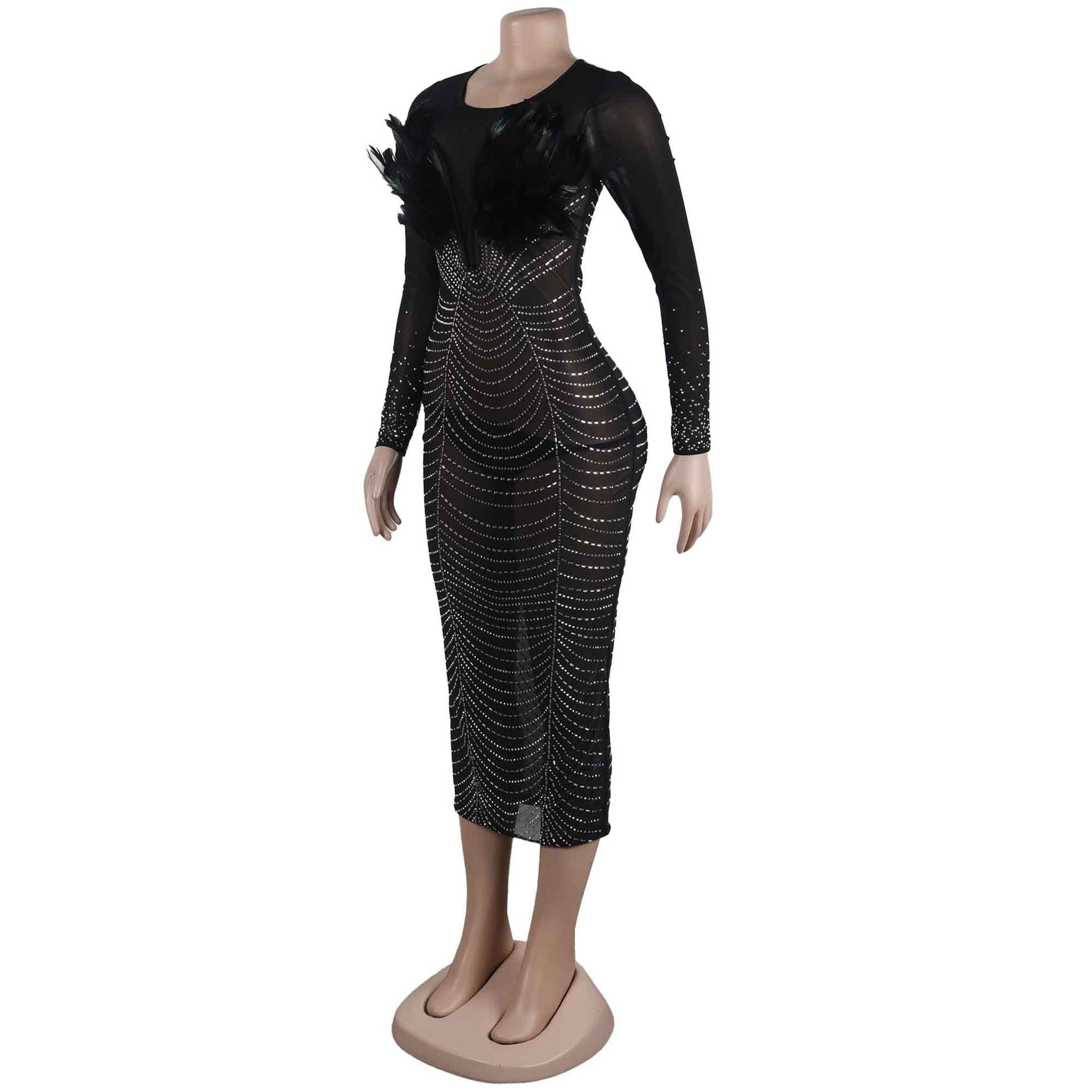 Sexy Feather Beaded See-Through Long Sleeve Patchwork Bodycon Dress 6