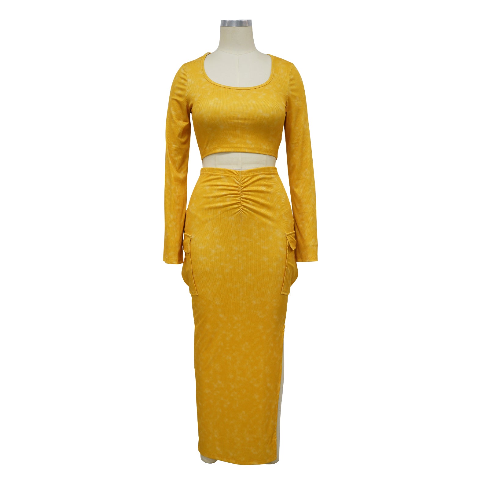 Fashionable Women's Ribbed Printed Long Sleeve Side Pockets Slit Two Piece Skirt Set 11