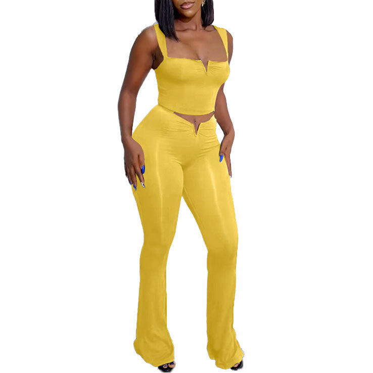 Sexy Solid Color Straps V Crop High Waist Elastic Solid Color Micro Two Piece Pants Set 12