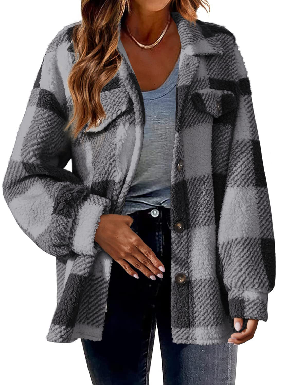 Women's Autumn And Winter Plaid Pockets Button Plush Jacket 13