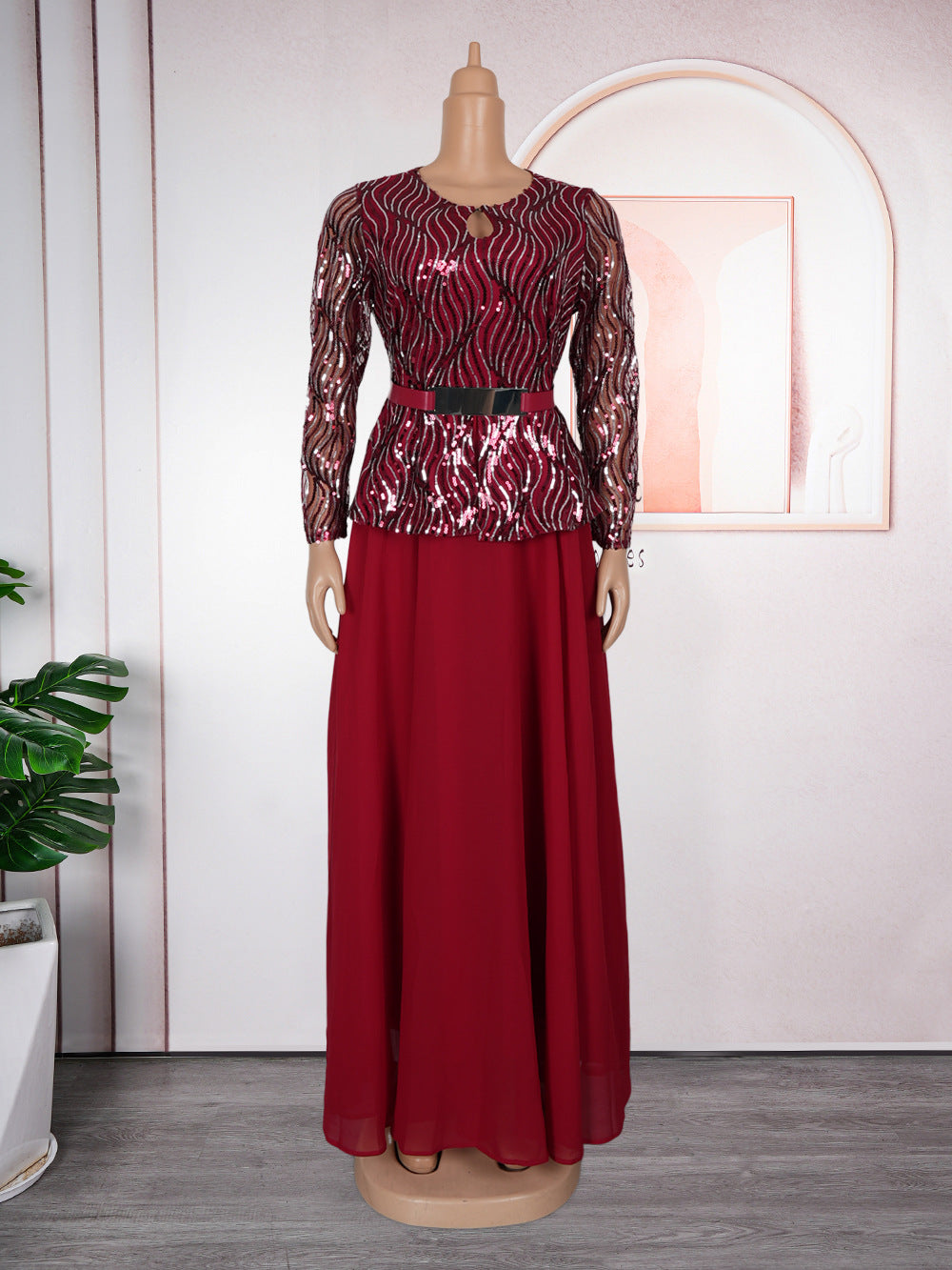 Sequin Formal Party Gown African Women's Plus Size Dress with Belt 8