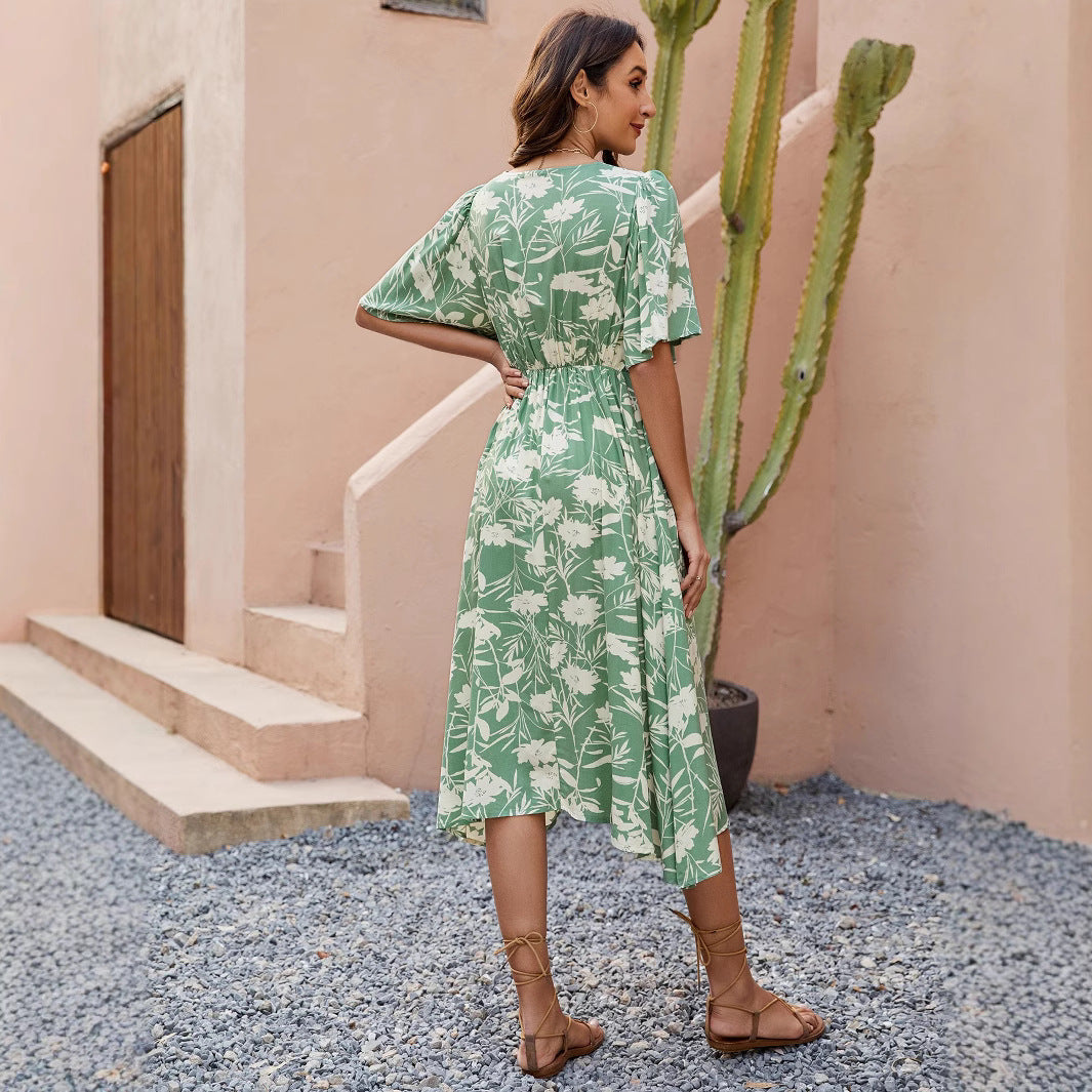 Women Printed V-Neck Short Sleeve Bohemian Holidays Beach Dress 3