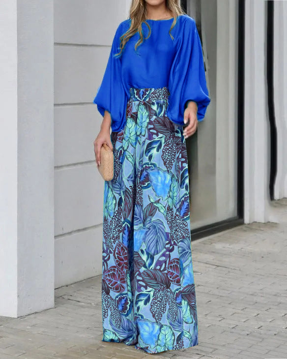 Summer women's suit lantern sleeves loose top printed wide-leg pants two-piece set