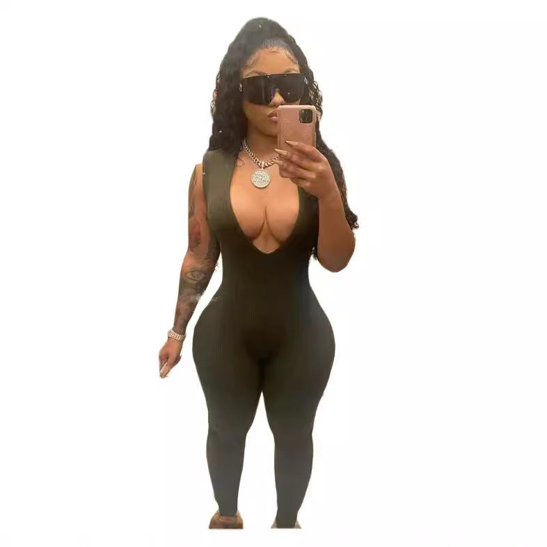 Solid Color Sexy Deep V-Neck Low-Cut Tight Fitting Women's Jumpsuit 6