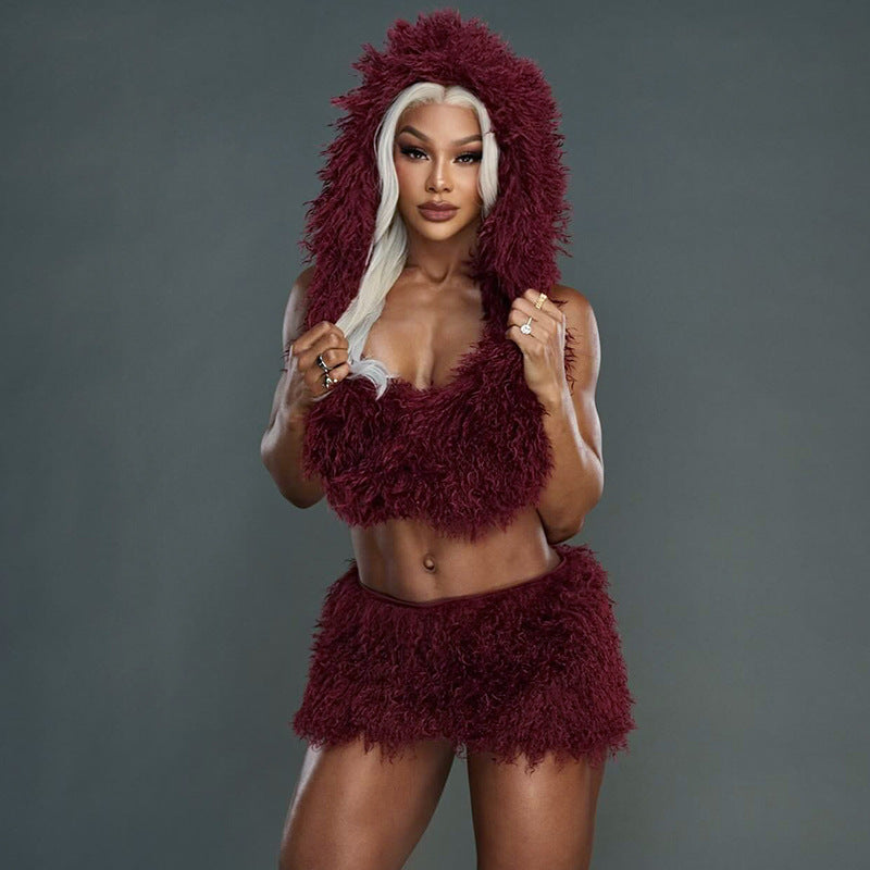 Women's Faux Fur U-Neck Hooded Low Back Top & Skirt Two-Piece Set 3