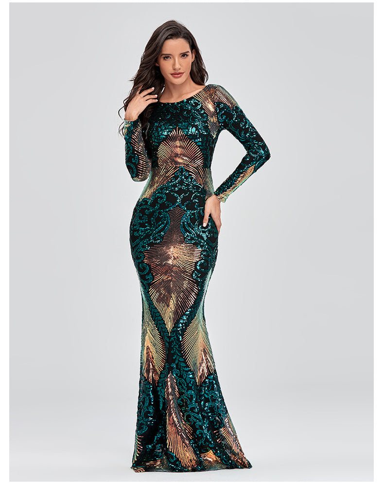 Plus Size Women Stretch Elegant Long Sleeve Round Neck Backless Sequined Mermaid Evening Gown 8