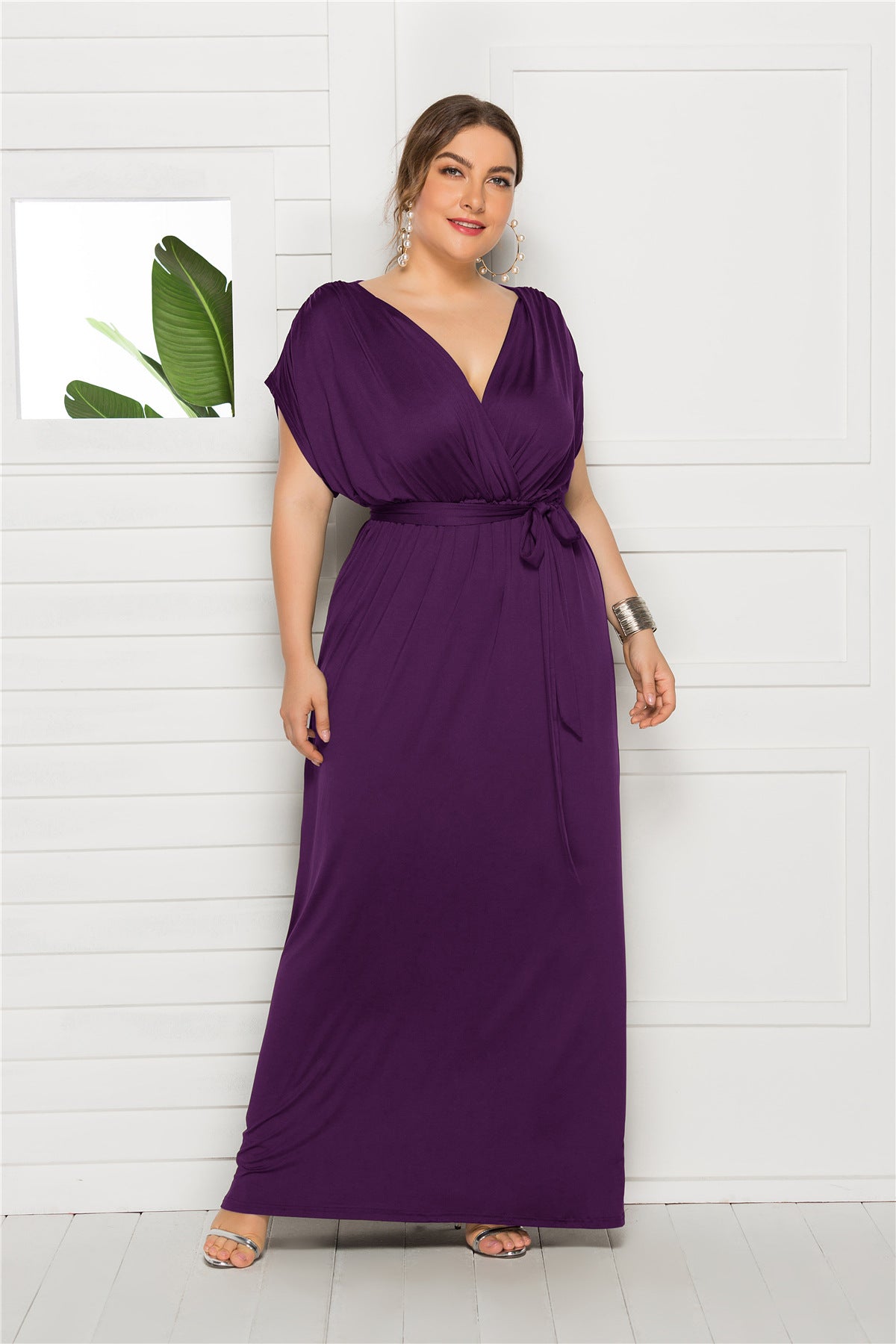 Plus Size Women'S Sexy Solid Color V-Neck Loose Swing Dress 9