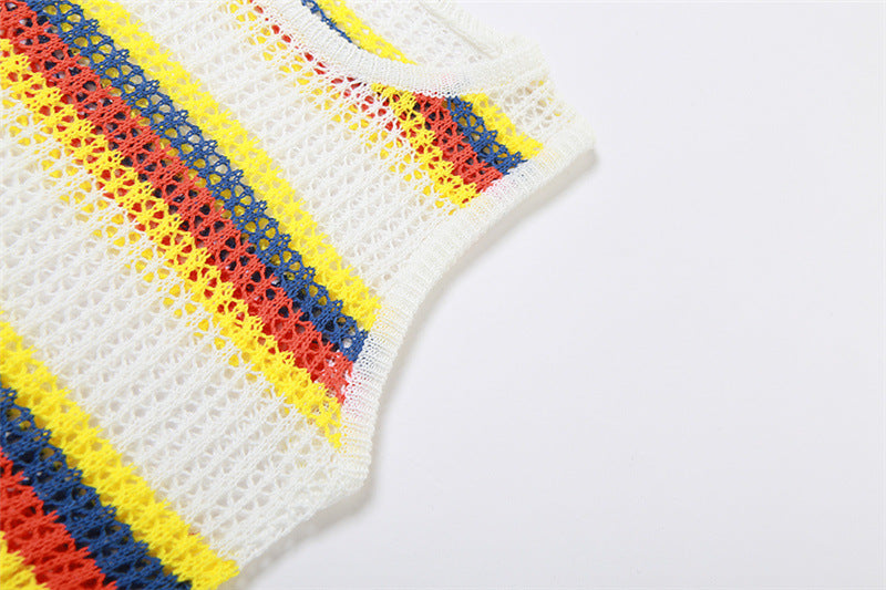 Women's Sexy Knitting Contrast Color Sleeveless Top High Waist Bodycon Shorts Casual Set 13