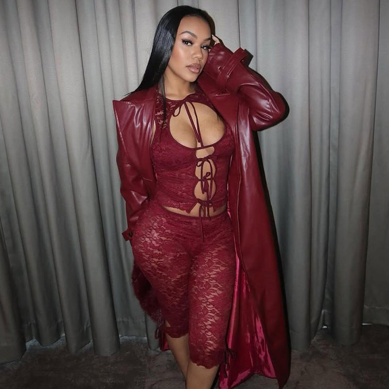 Summer fashion sexy low-cut lace Patchwork two piece shorts set for women 4