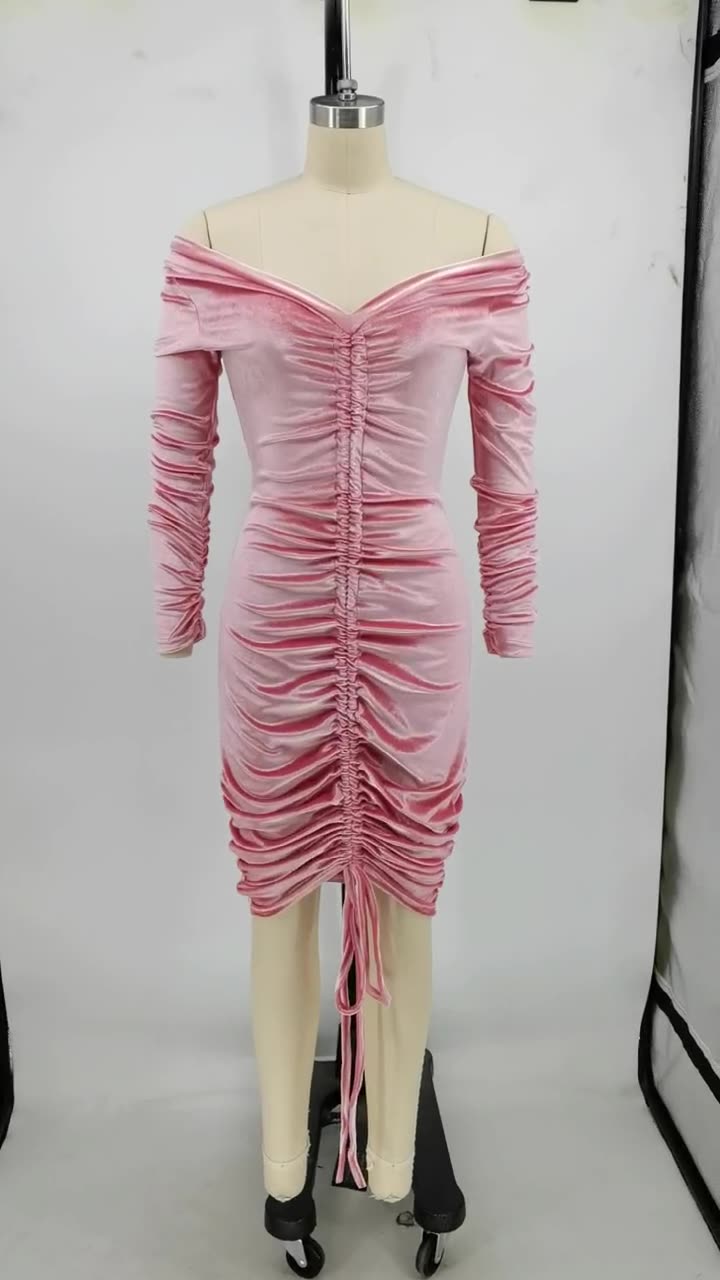 Women Sexy V-Neck Off Shoulder Velvet Pleated Midi Dress 5