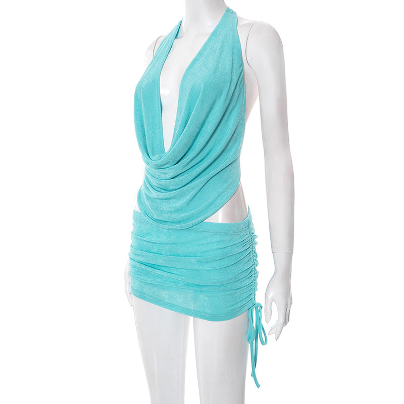 Women V Neck Halter Neck Lace Backless Top and Skirt two-piece suit 6