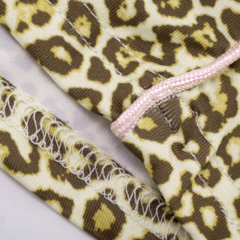 Women's Leopard Print Color Block Long Sleeve Zipper Coat Drawstring Shorts Two-Piece Set 31