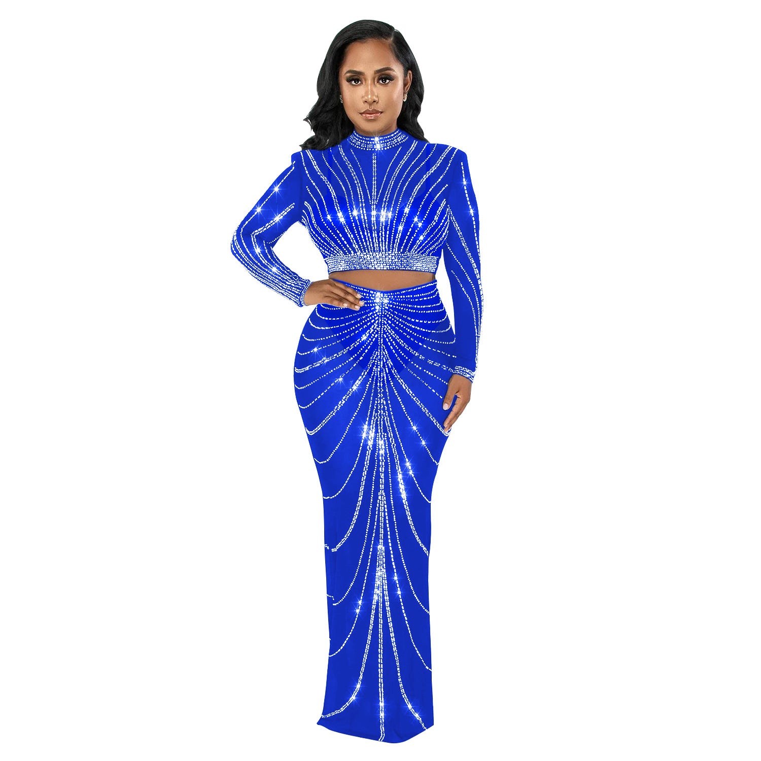 Women's Fashion Mesh Beaded See-Through Long Sleeve Long Dress Two Piece