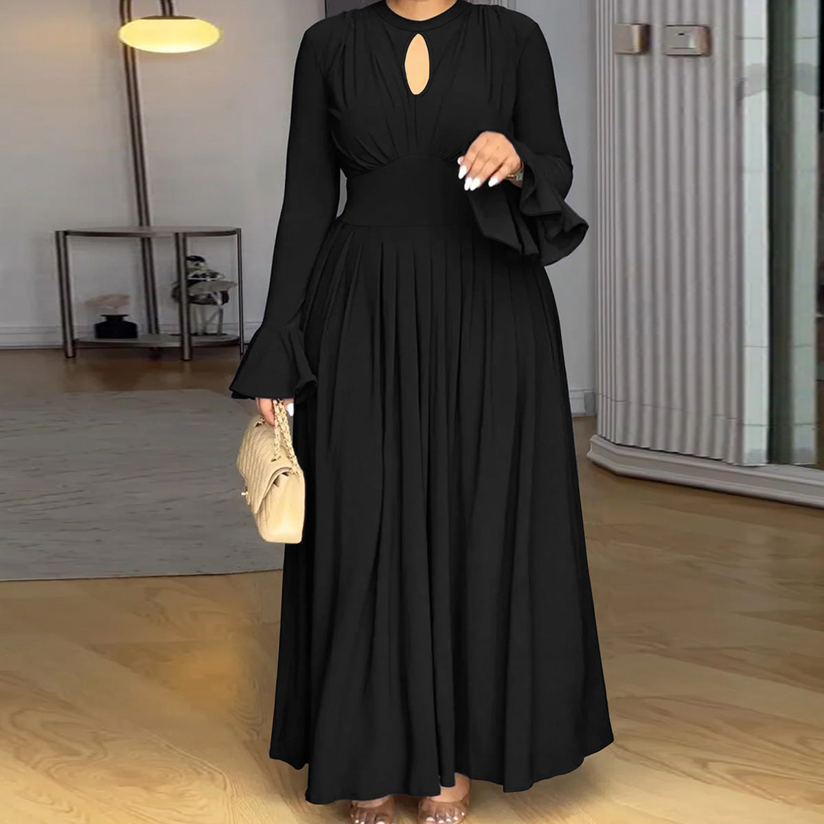 Plus-Size Women Black Elegant Bell Bottom Long-Sleeved Maxi Dress 3