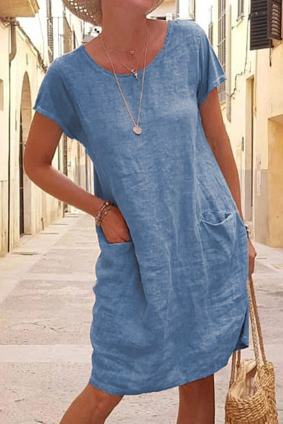 Women Summer Loose Pocket Short Sleeve Round Neck Linen Dress 4