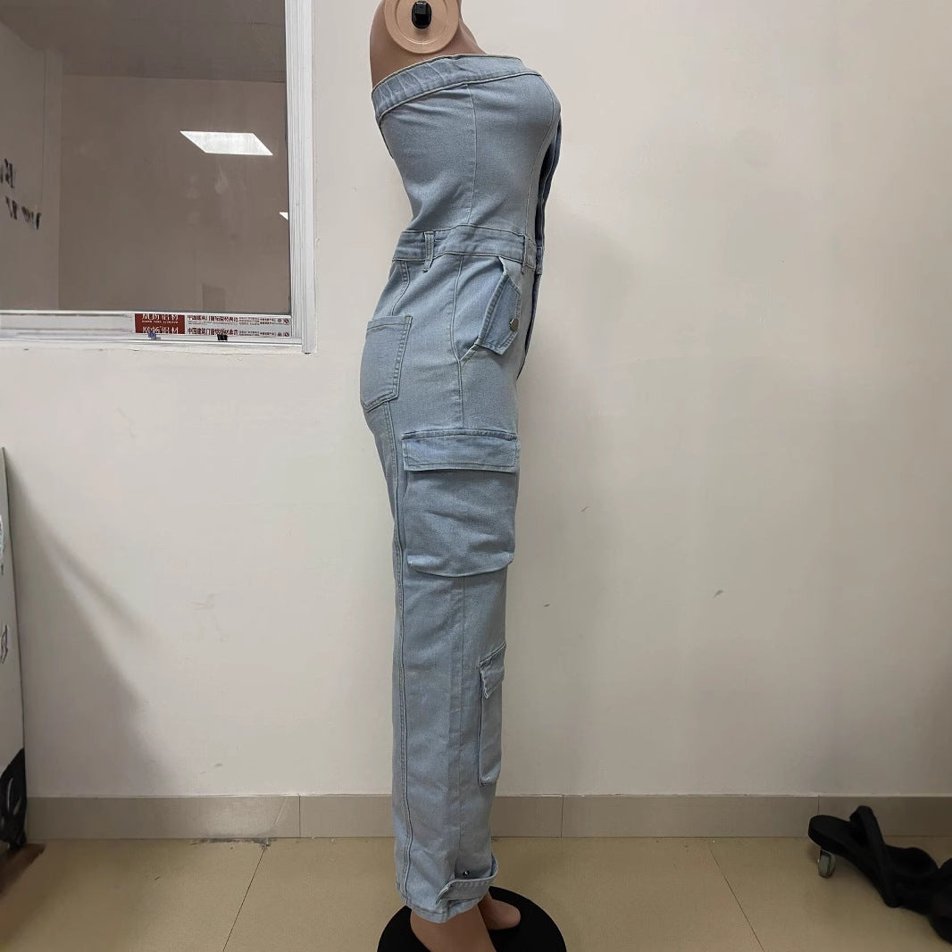 Women's Strapless with Big Pocket Washed Denim Jumpsuit 3