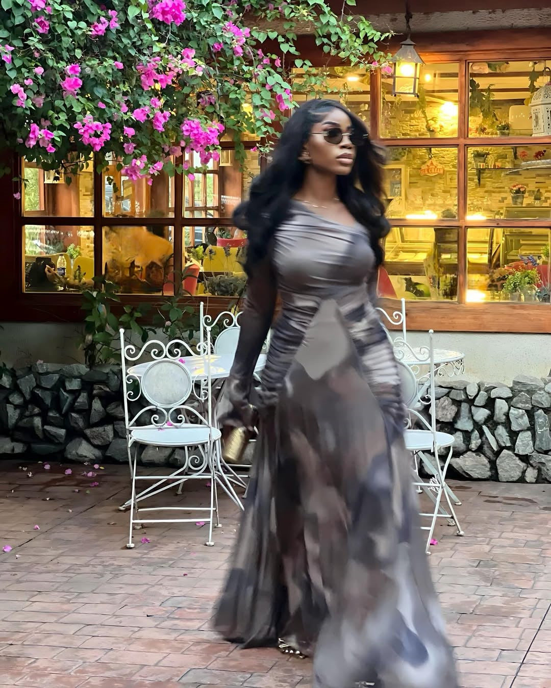 Women's Summer Chic Printed Slash Shoulder Pleated Slim-Fit Long Dress 4