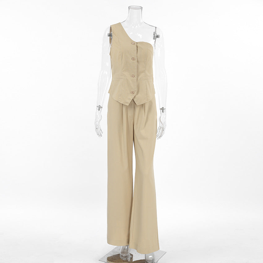 Spring Summer Linen Sleeveless Slash Shoulder Vest Wide Leg Pants Fashionable Two-Piece Set 8
