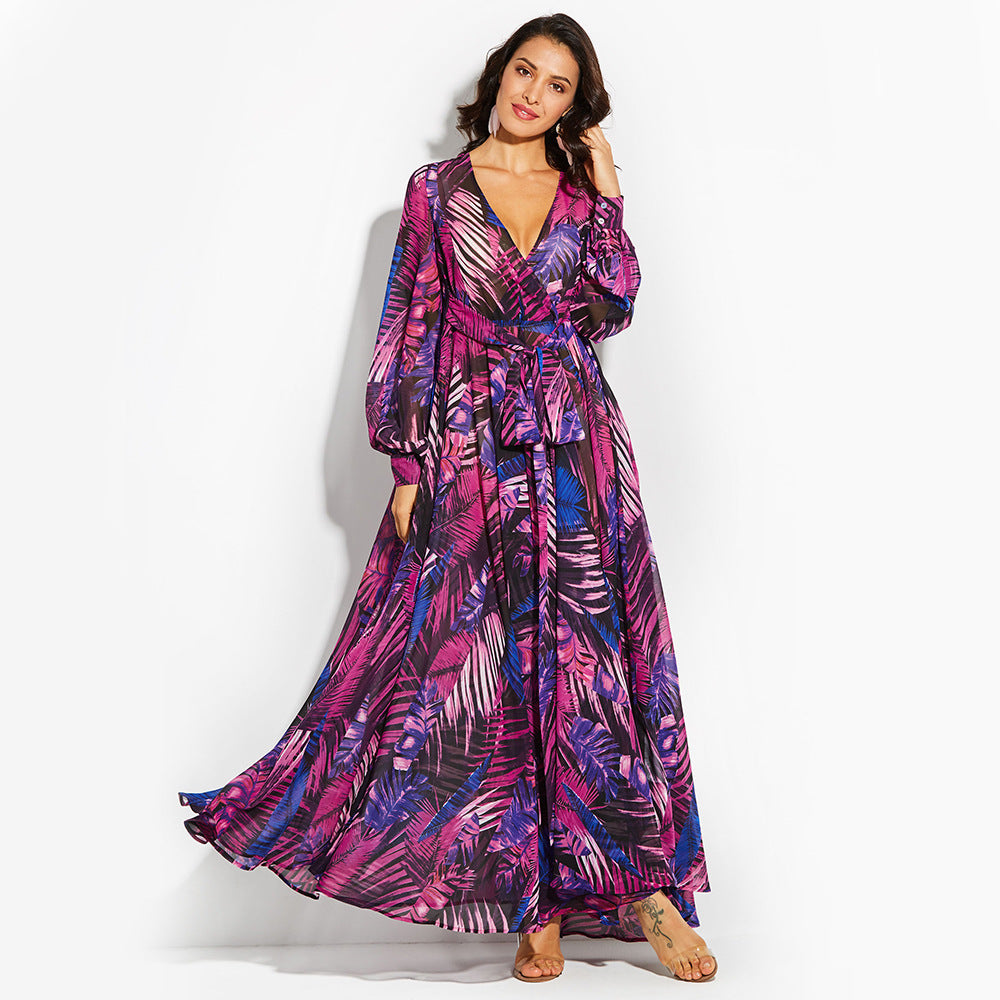 Summer Lantern Sleeve Sexy Deep V Neck Leaf Print Long Dress 9
