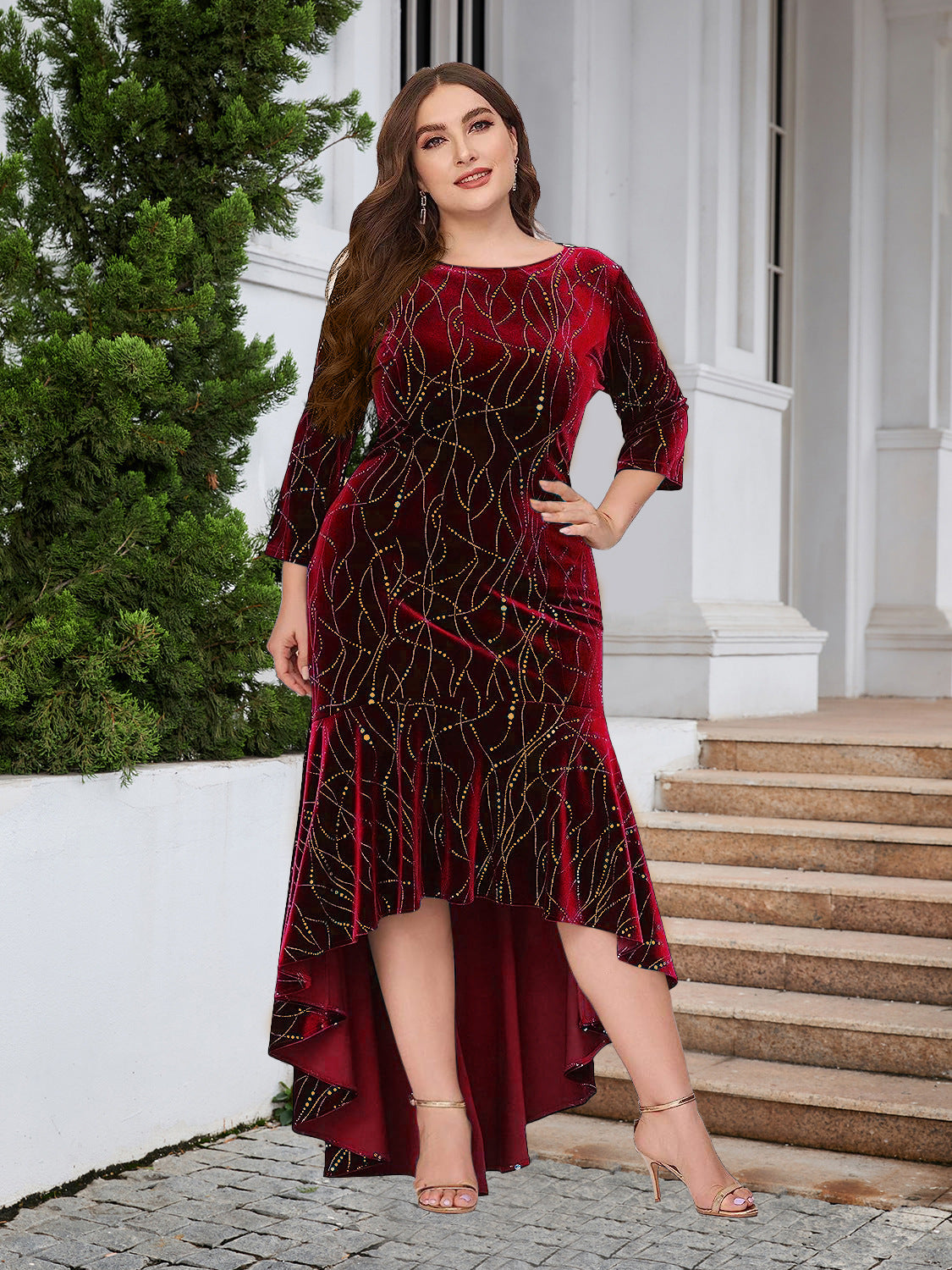 Women's Plus Size Three Quarter Sleeve Mermaid High Low Hem Long Velvet Formal dress 28