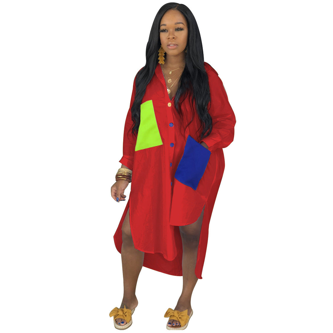 Sexy Color Block Pocket Long Shirtwomen's Clothing 6