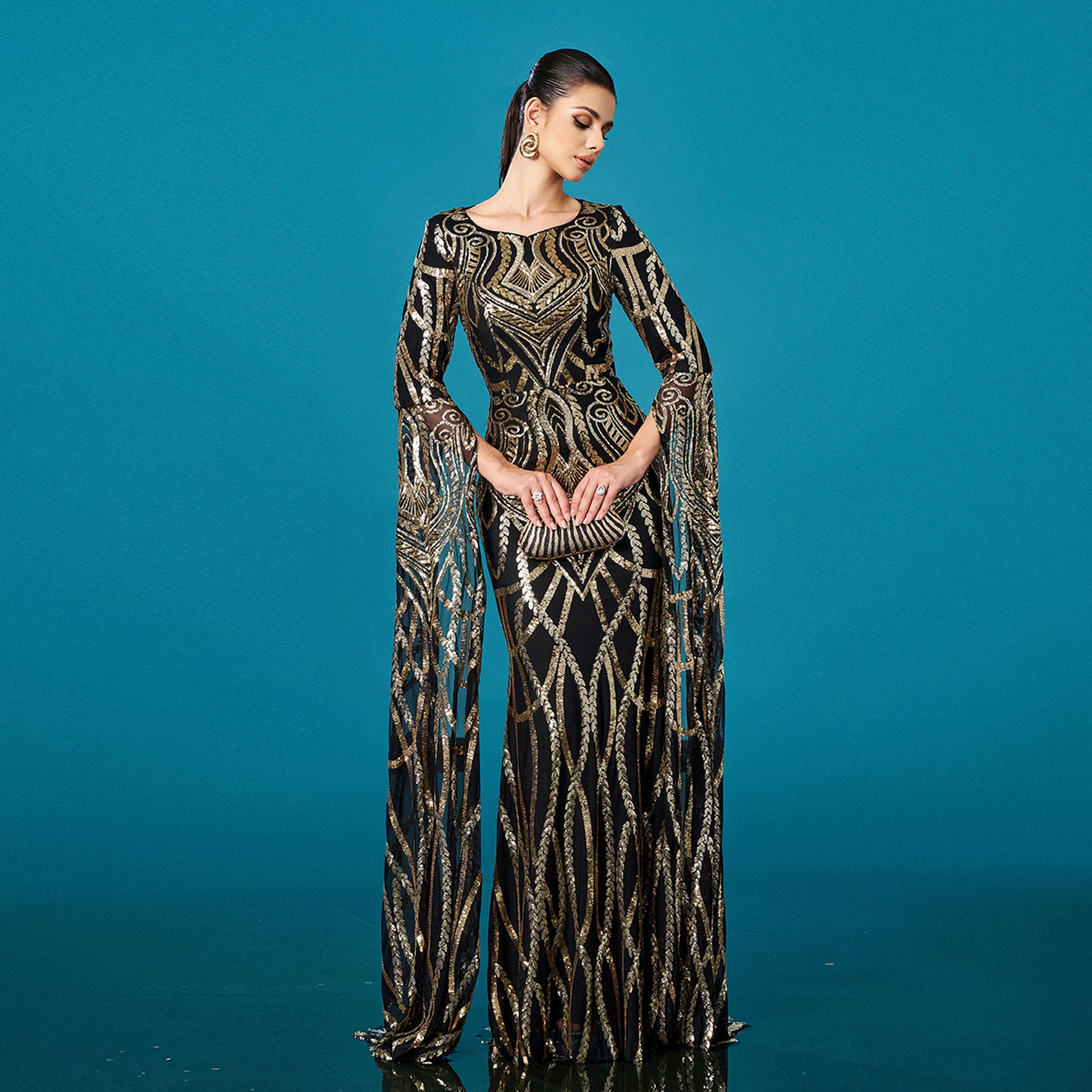 Women long sleeve Round Neck sequin Formal Party Bodycon fishtail evening dress 6